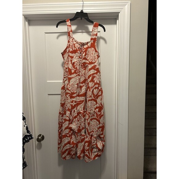 Who What Wear Womens Large Linen Lace Up Midi Tank Dress Red Orange White Floral - Picture 2 of 7